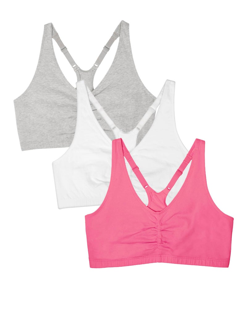 Fruit of the Loom womens Adjustable Shirred Front Racerback (Pack 3) Sports Bra, Neon Pink/White/Grey, 36 US - Image 1
